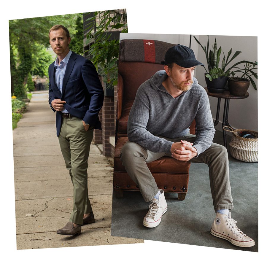 side by side of a business casual blazer outfit and a hoodie outfit