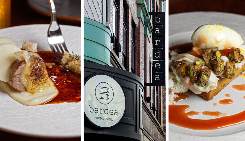 A three-panel image featuring Bardea Food & Drink. The left panel shows the Iberico Pork dish with a beautifully seared medallion resting on a creamy sauce, accompanied by thin apple slices and a rich truffle-chili au jus. The center panel displays the restaurant's exterior with its distinctive signage - a circular "B" logo and vertical "bardea" sign mounted on a historic brick building with teal trim. The right panel features an elegant dessert, likely the olive oil cake, topped with whipped cream, candied pistachios, and a vibrant orange guava sauce artfully drizzled on the plate.